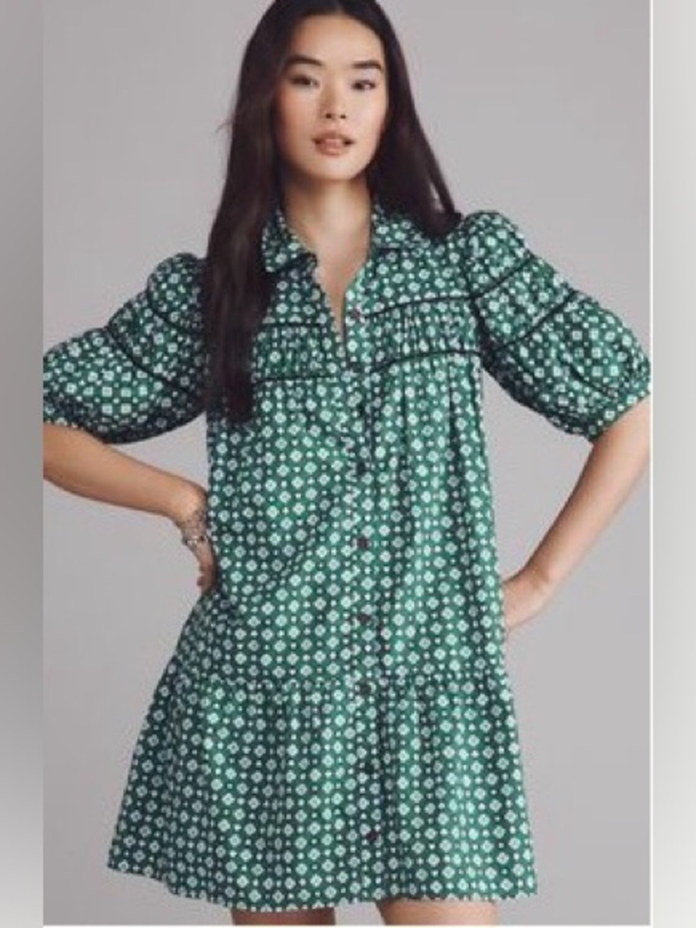 NWOT Maeve Green Floral Button-Front Puff Sleeve Dress